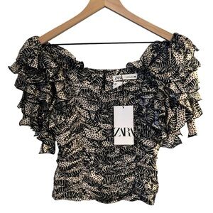 NWT Zara Crop,  Off The Shoulder Animal Print With Layered Puffed sleeves